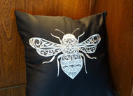 single colour embroidery adapted from a lace pattern on a black 100% polyester fabric