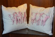endearing pair of pig cushions coming and going on 100% cotton twill fabric